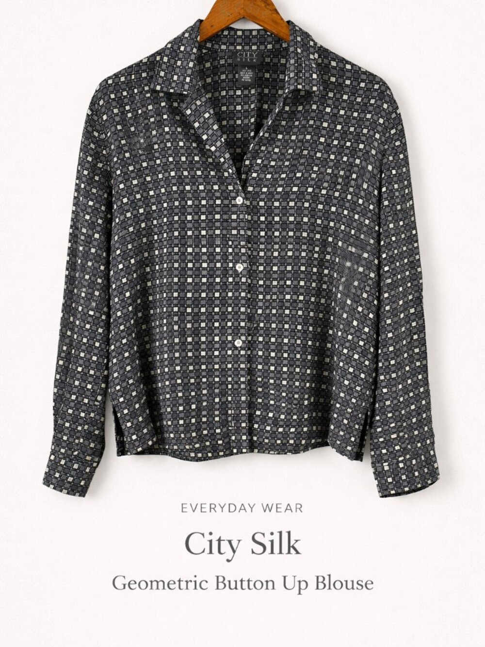 City Silk 100% Silk Geometric Button Up Blouse L Black Gray